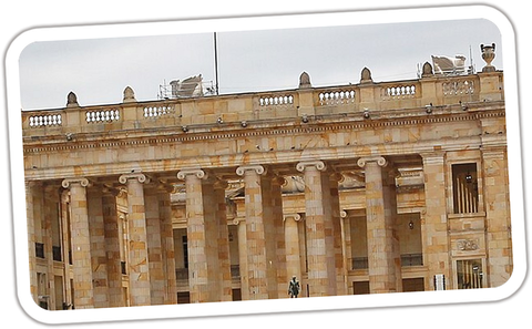 Colonnade of the National Capitol of Colombia, seat of Congress, on Plaza de Bolívar in Bogotá